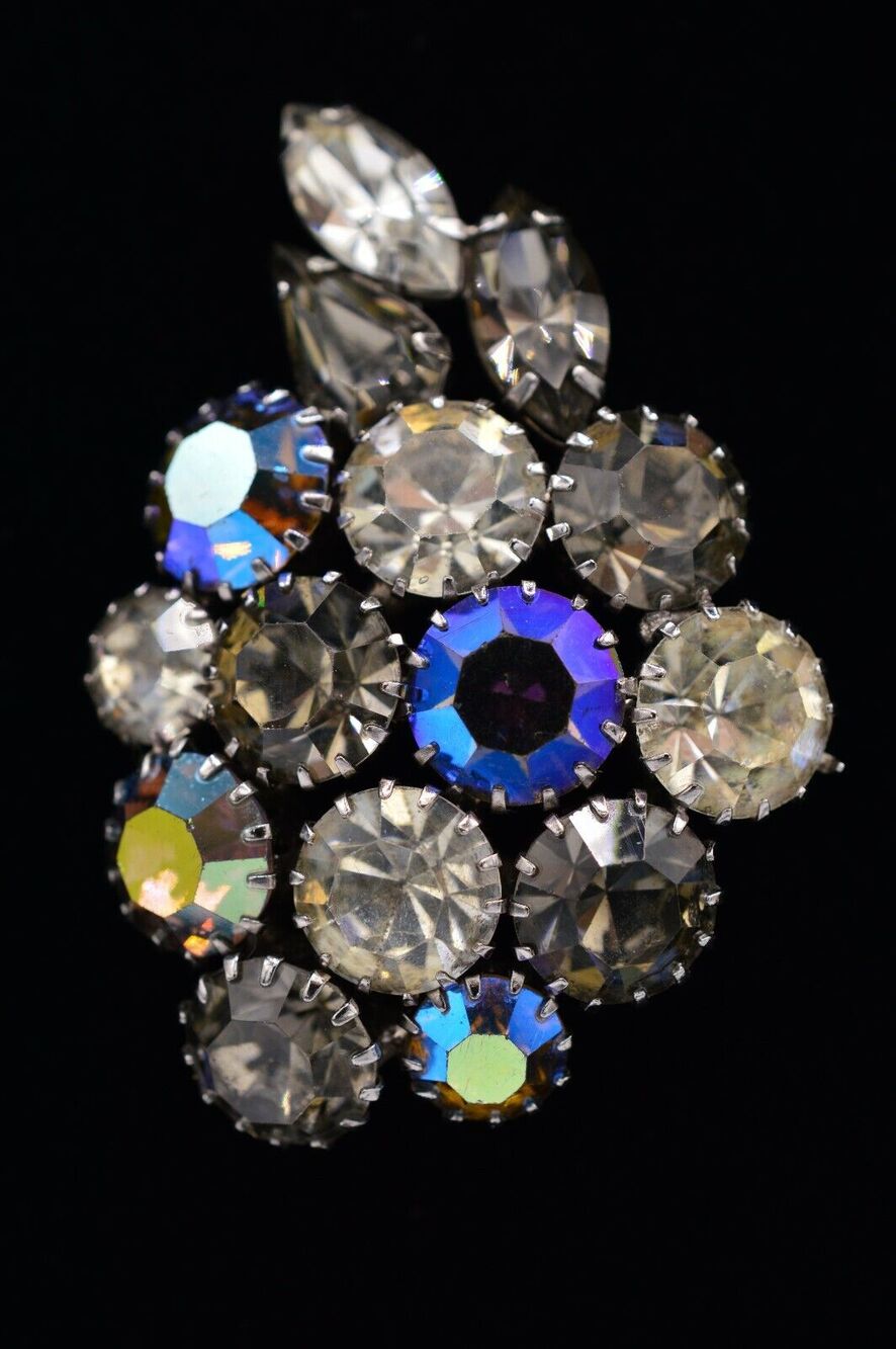Karu Arke Vintage Crystal Pin Brooch AB Gray Prong Rhinestone Signed 1960s BinJ
